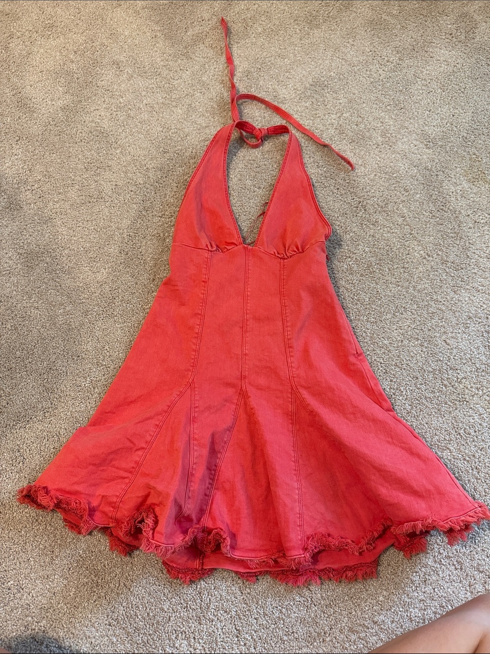 Halter Red Sundress with Frayed Hem